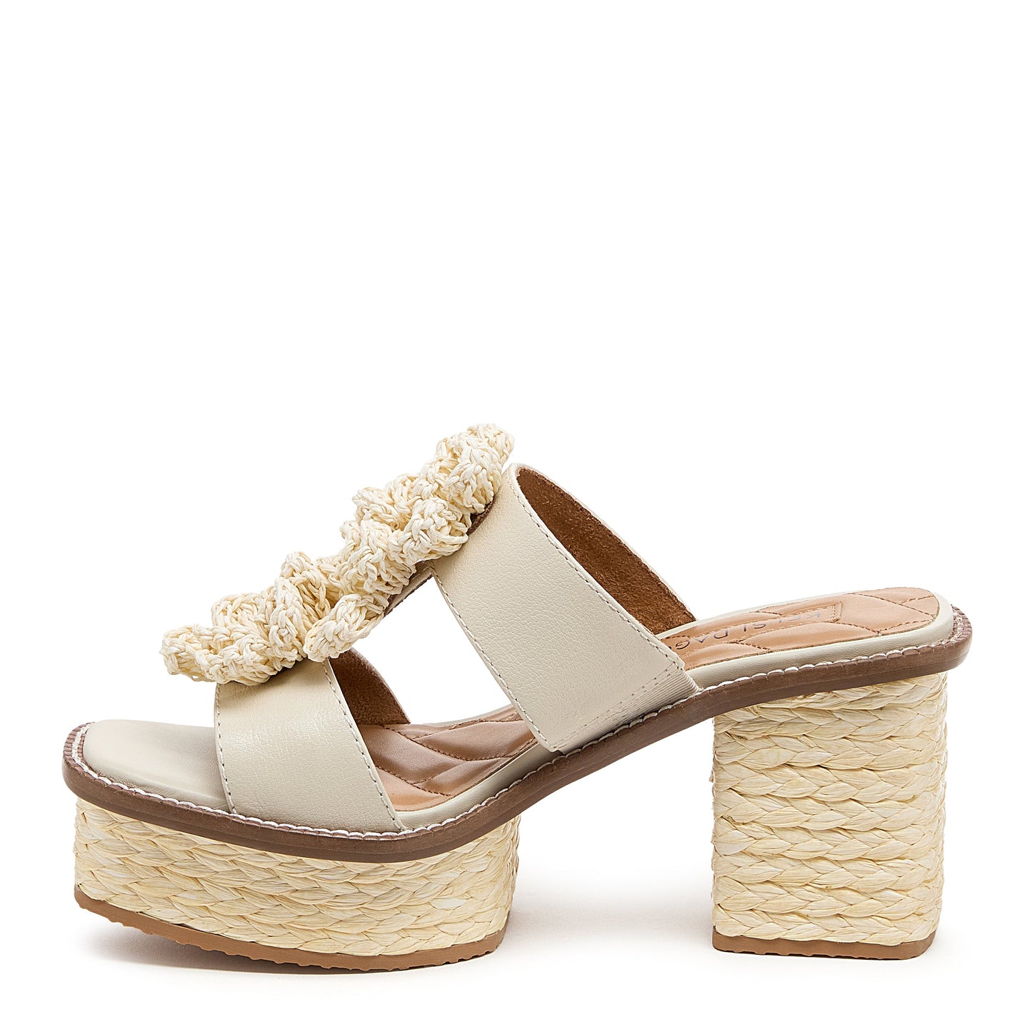 grandy raffia flower platform sandals, interior comfort lining detail, Kelsi Dagger Brooklyn