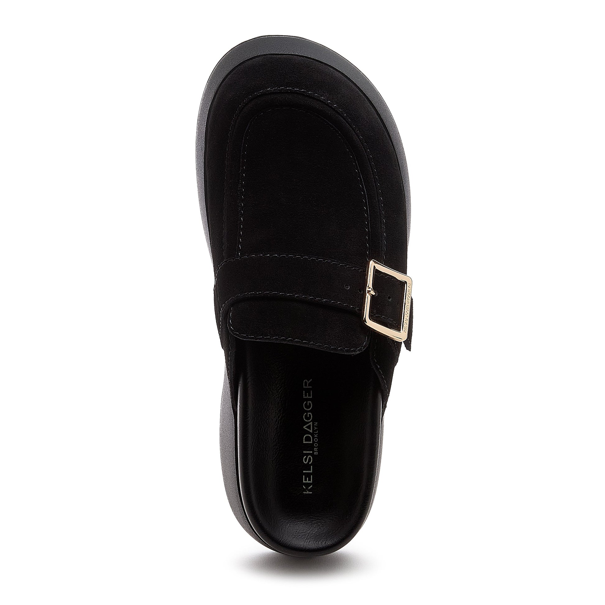 imogin black buckle platform clog, close up of leather upper texture, Kelsi Dagger Brooklyn