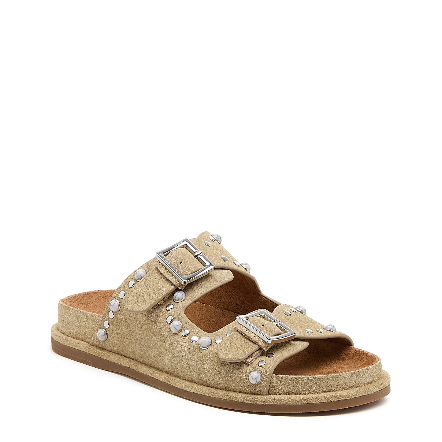 stu oatmeal studded suede slide sandal, close up of studded suede texture, Kelsi Dagger Brooklyn