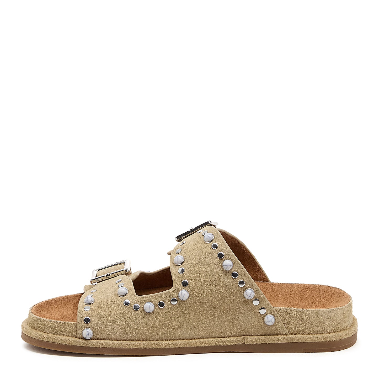 stu oatmeal studded suede slide sandal, studded sandal from alternate angle, Kelsi Dagger Brooklyn