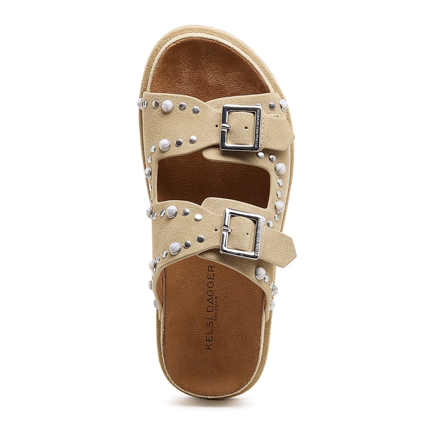stu oatmeal studded suede slide sandal, sole and heel construction detail, Kelsi Dagger Brooklyn